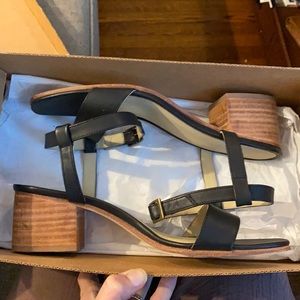Nisolo Black Leather Strappy Block Heel Sandals with Wood-Tone Heel